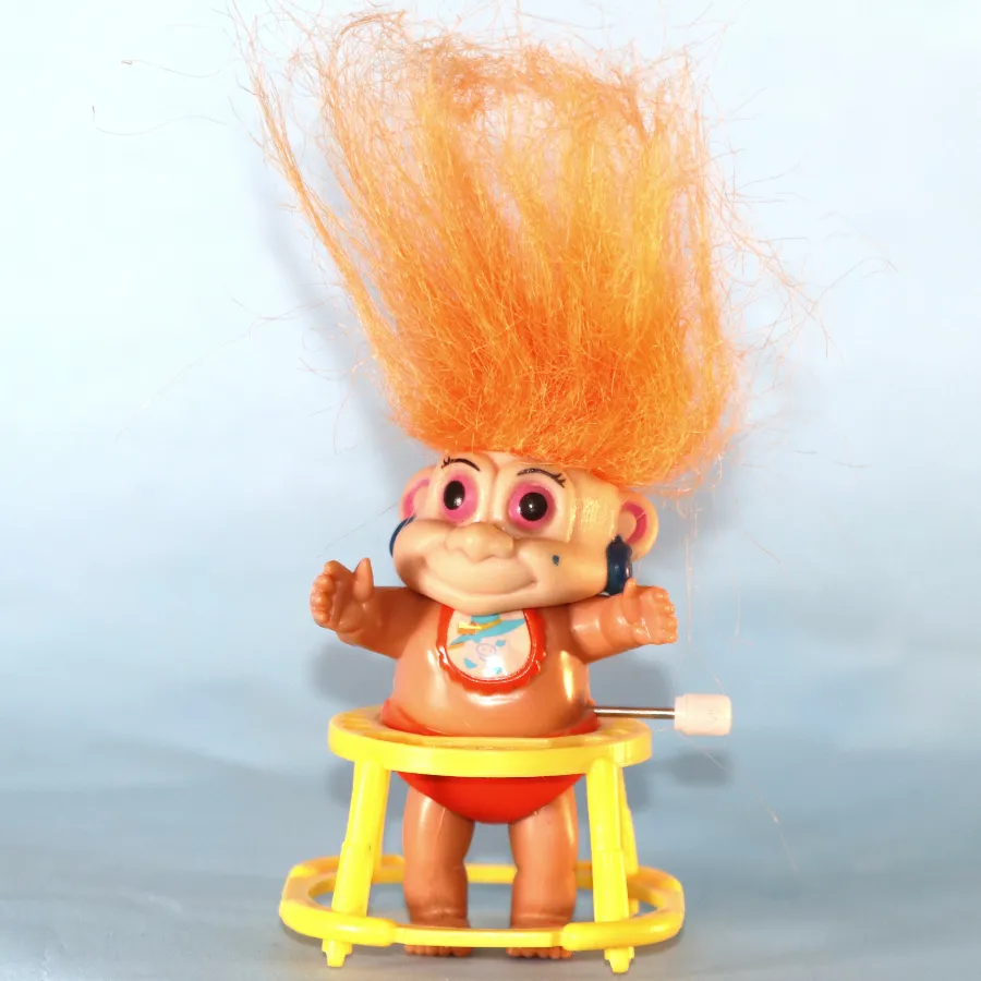 Vintage Baby Walker Wind Up Troll Figure Orange/Yellow